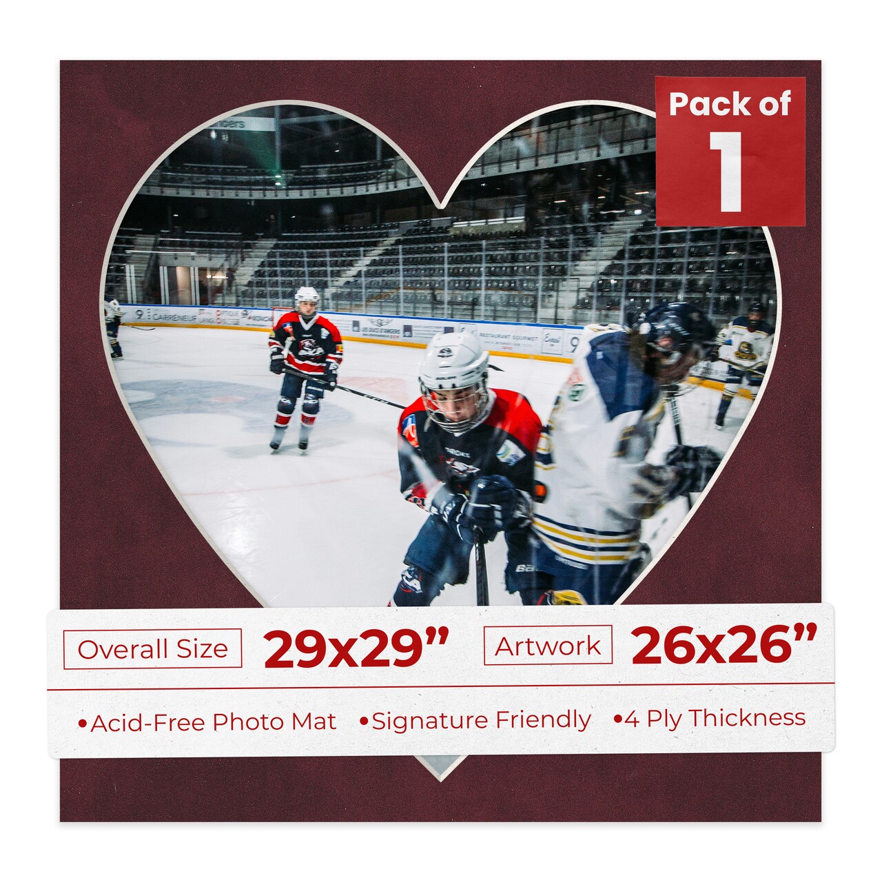 Dark Red Suede Mat Board for 29x29 Frames - Heart Opening for 26x26 Photos